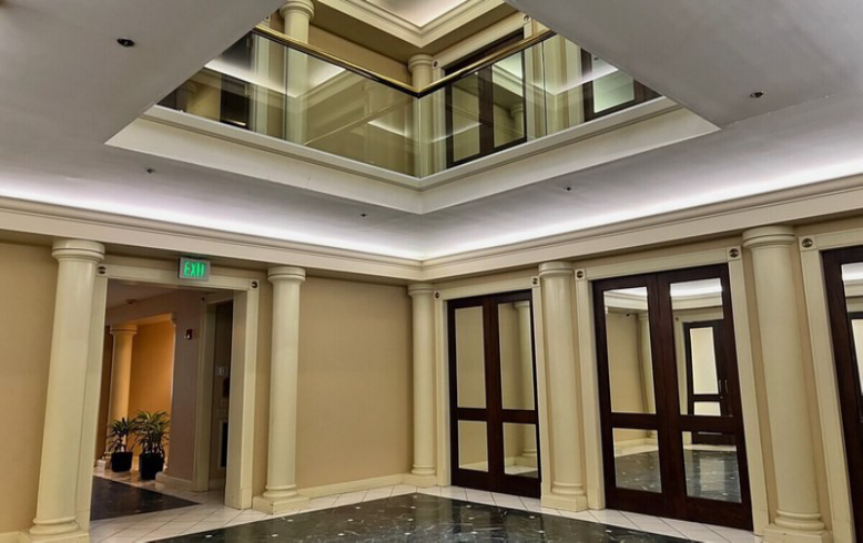 Modern building interior with marble floor.