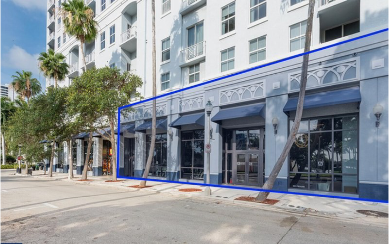 Building exterior with blue awnings