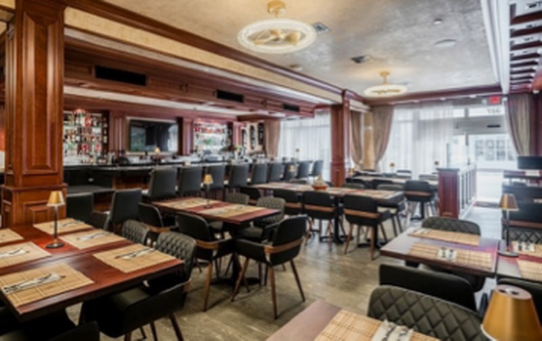 Elegant restaurant interior with wooden decor