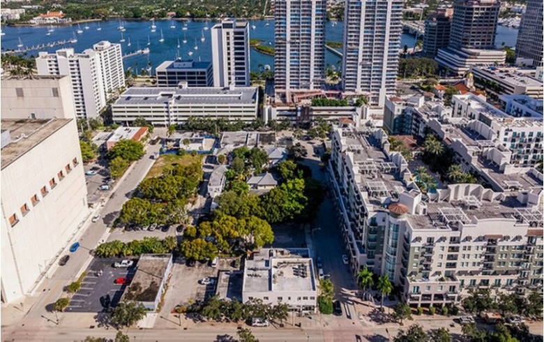 Aerial view of urban waterfront buildings