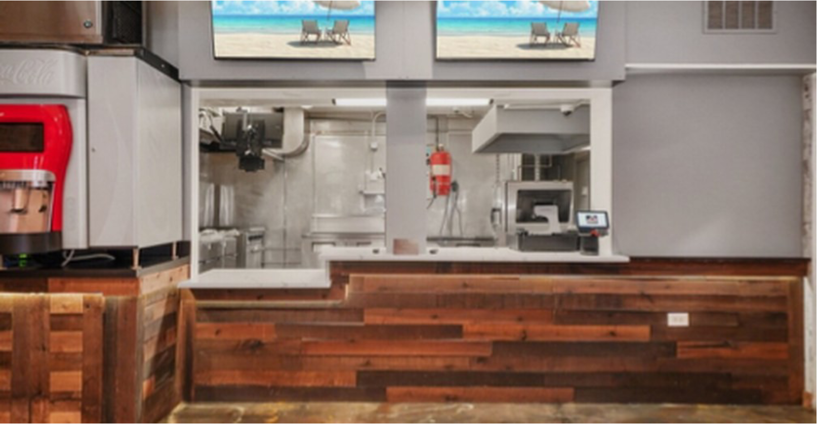 Unoccupied service counter with digital screens