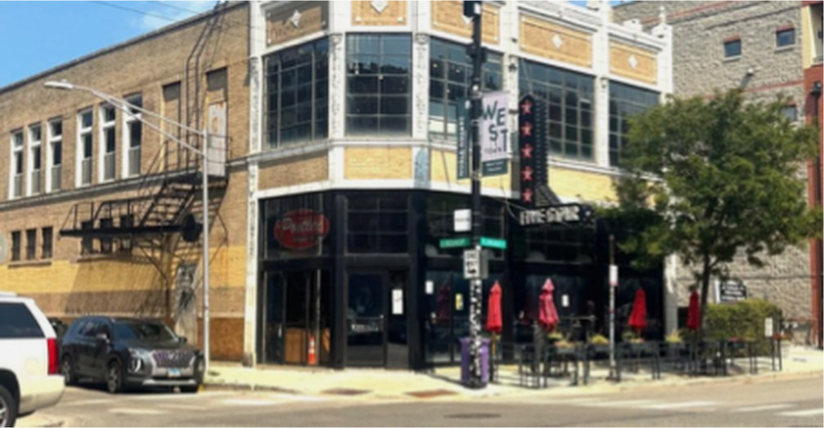 Corner building with outdoor seating