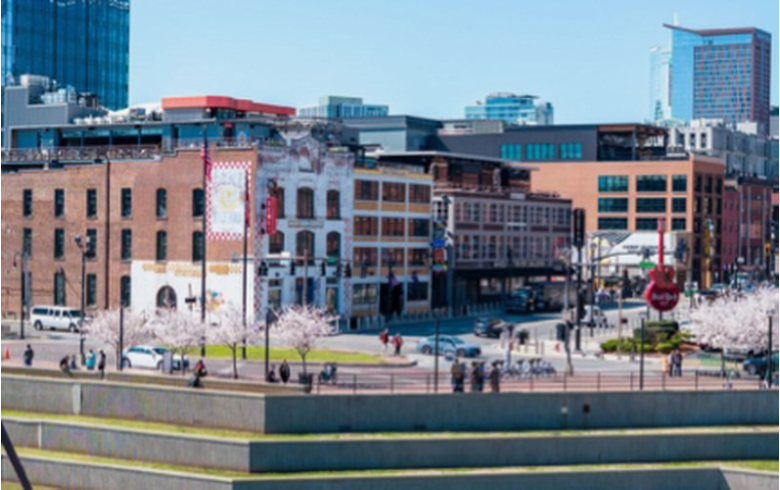 Cityscape featuring modern and historic architecture