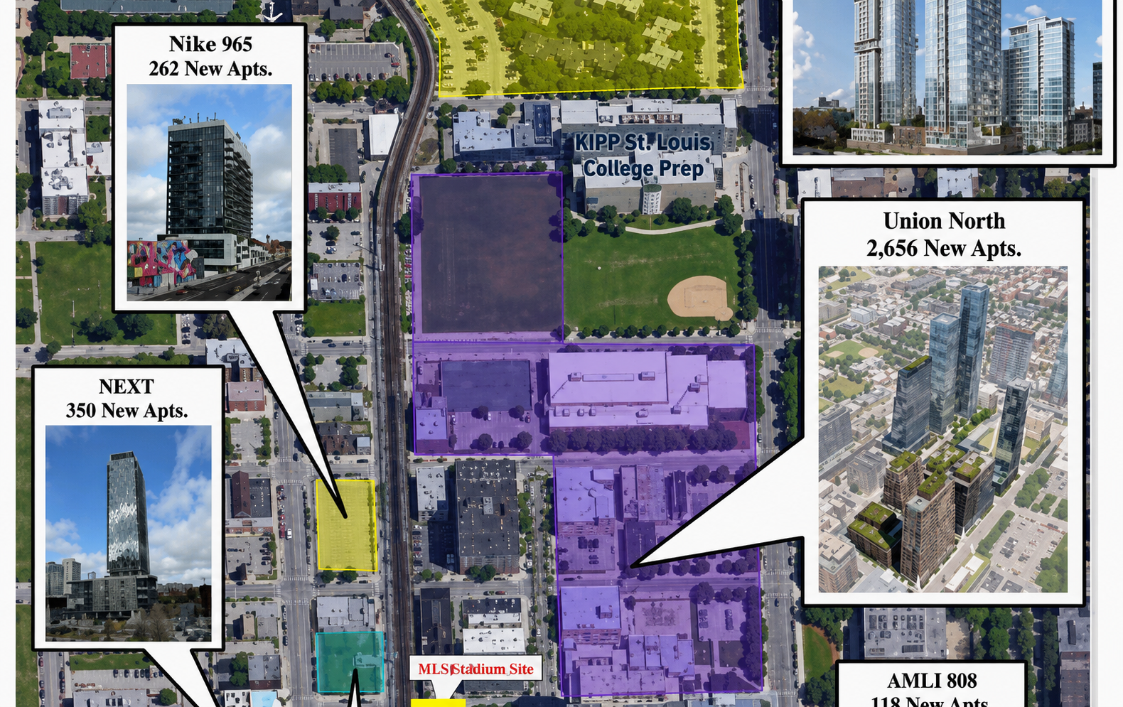 Map highlighting new apartment developments.