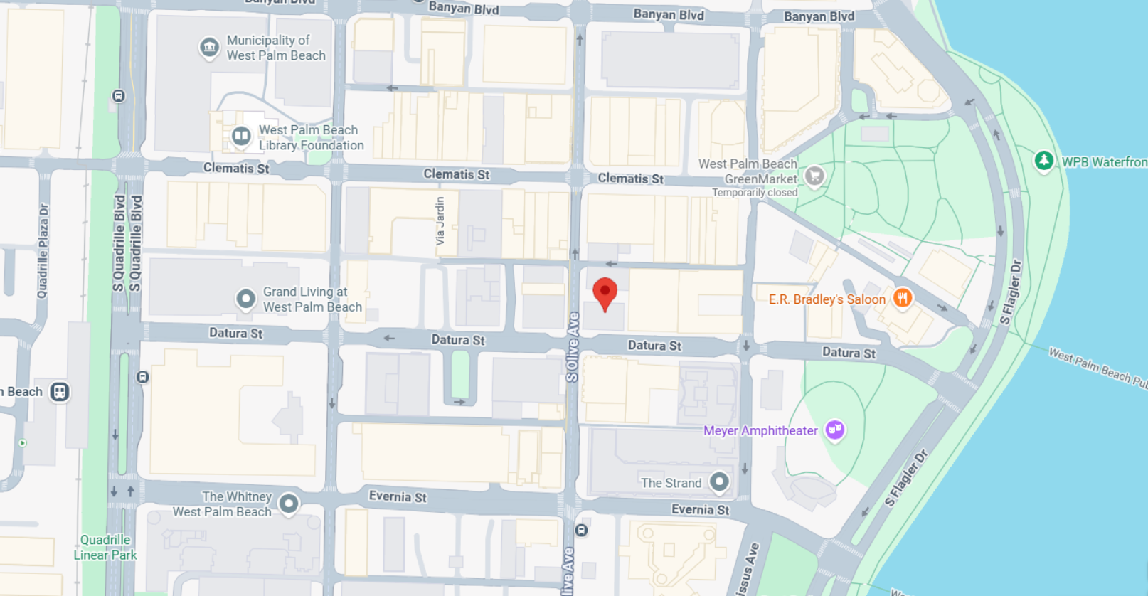 Downtown West Palm Beach map with pin
