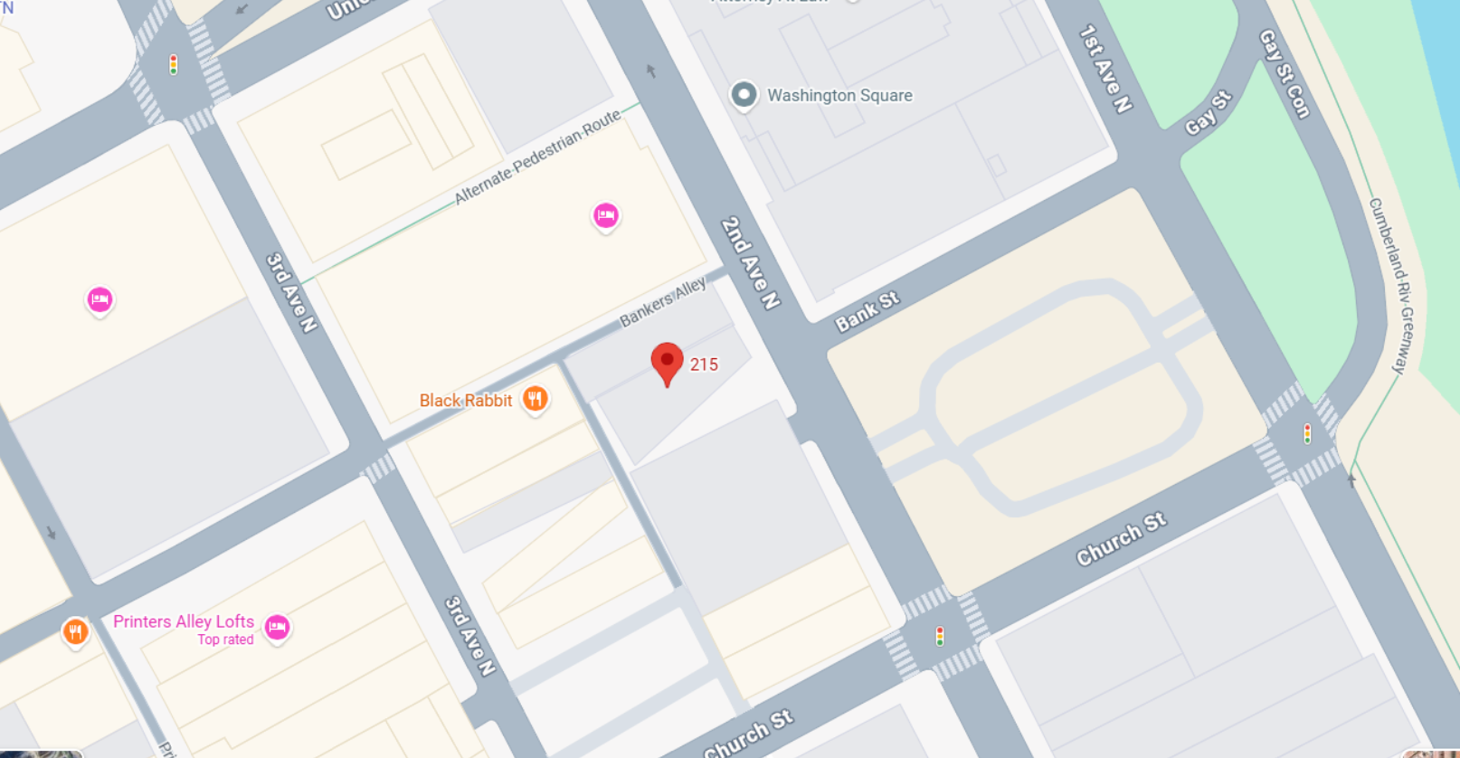 City map with red location pin at 215