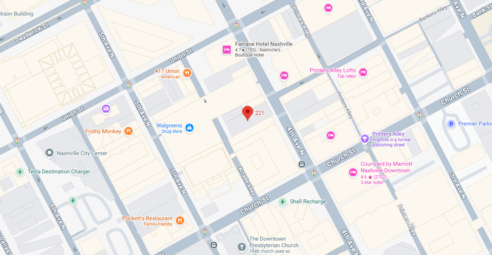 Downtown Nashville map with red location pin
