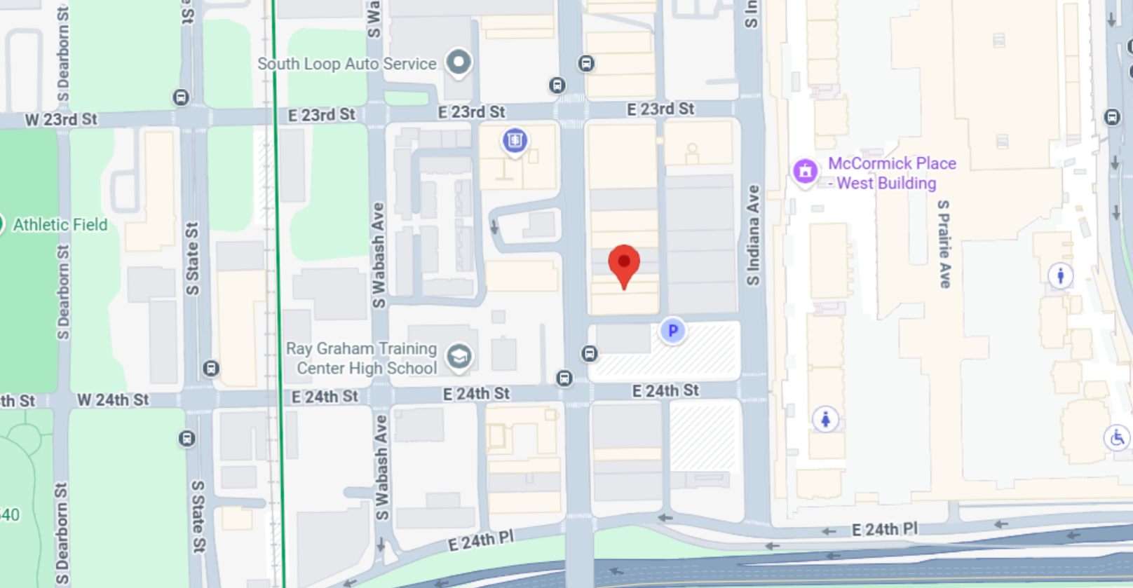 Map with red pin near E 24th St
