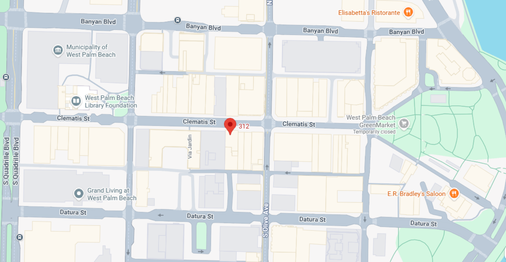 Map with red pin at 312 Clematis Street