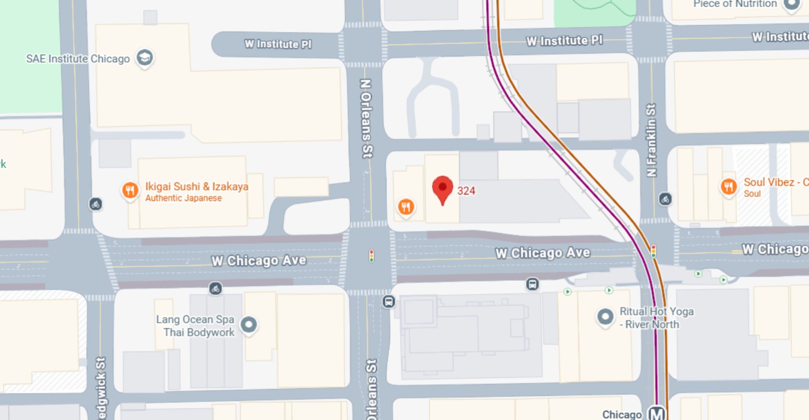 Map of W Chicago Ave with red pin