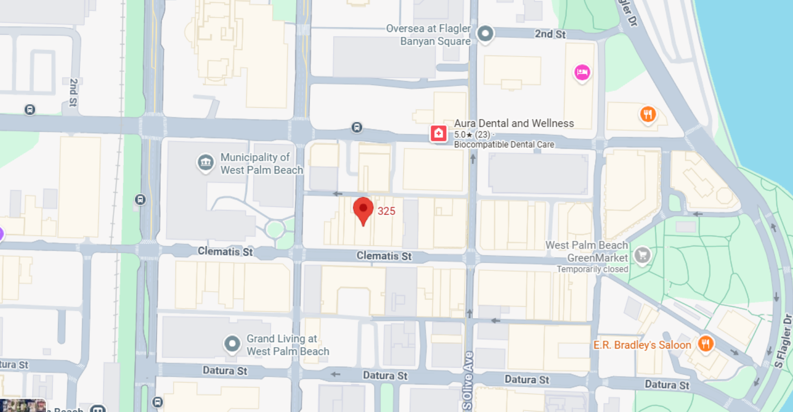 Map showing pin at 325 Clematis Street