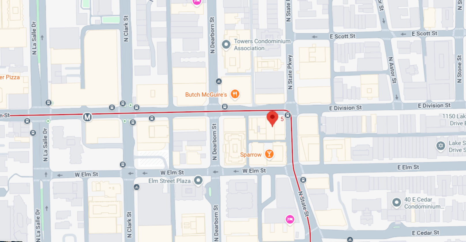City map with red location pin and transit