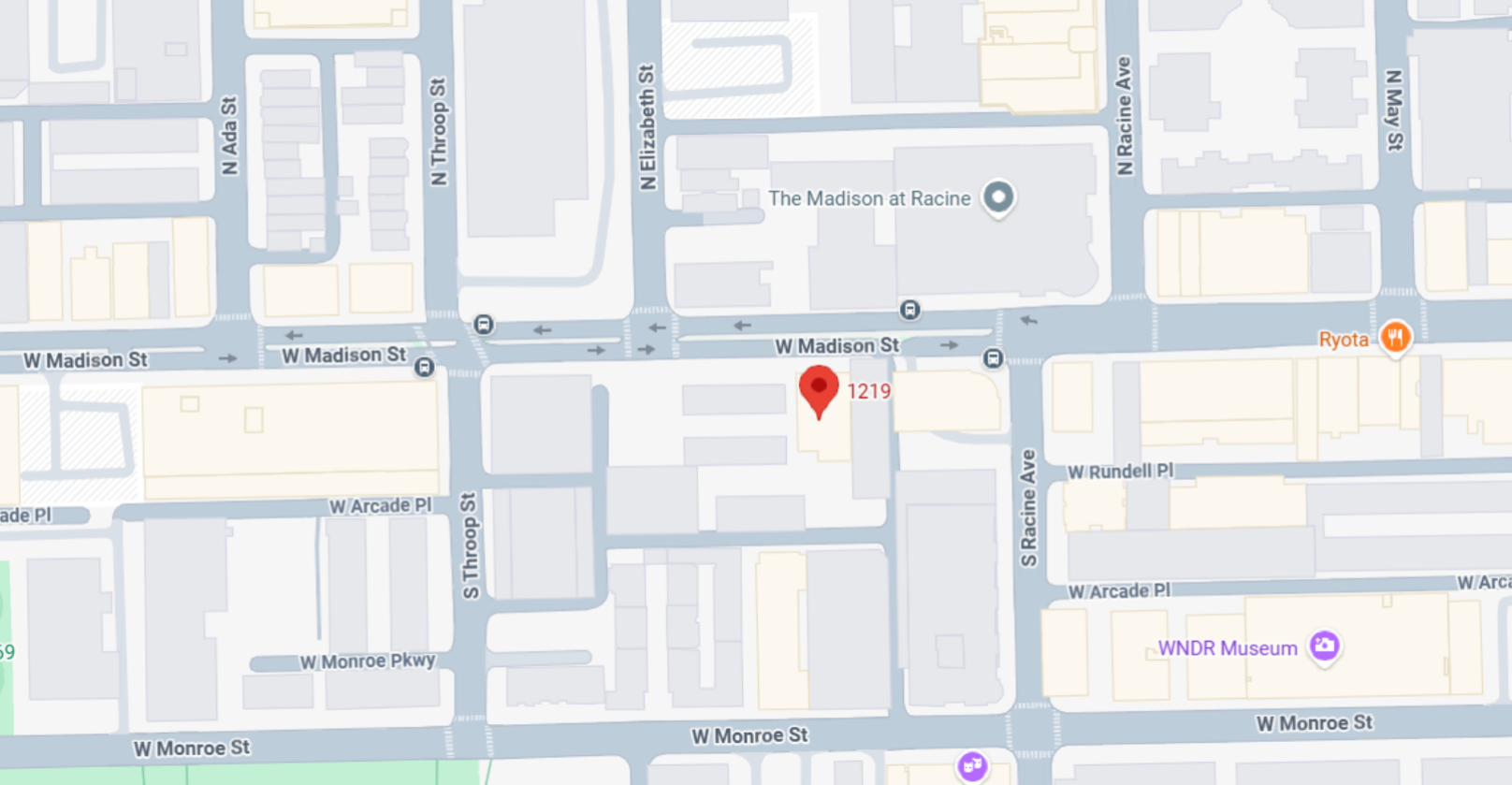 Map showing red pin at 1219 W Madison