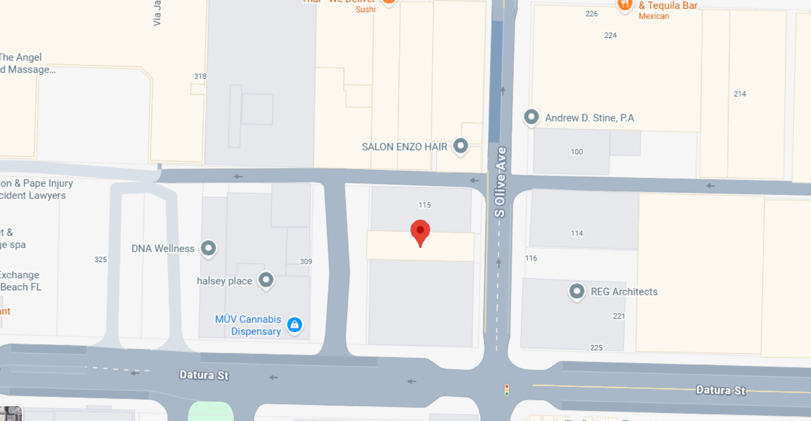 Map with red pin at S Olive Ave
