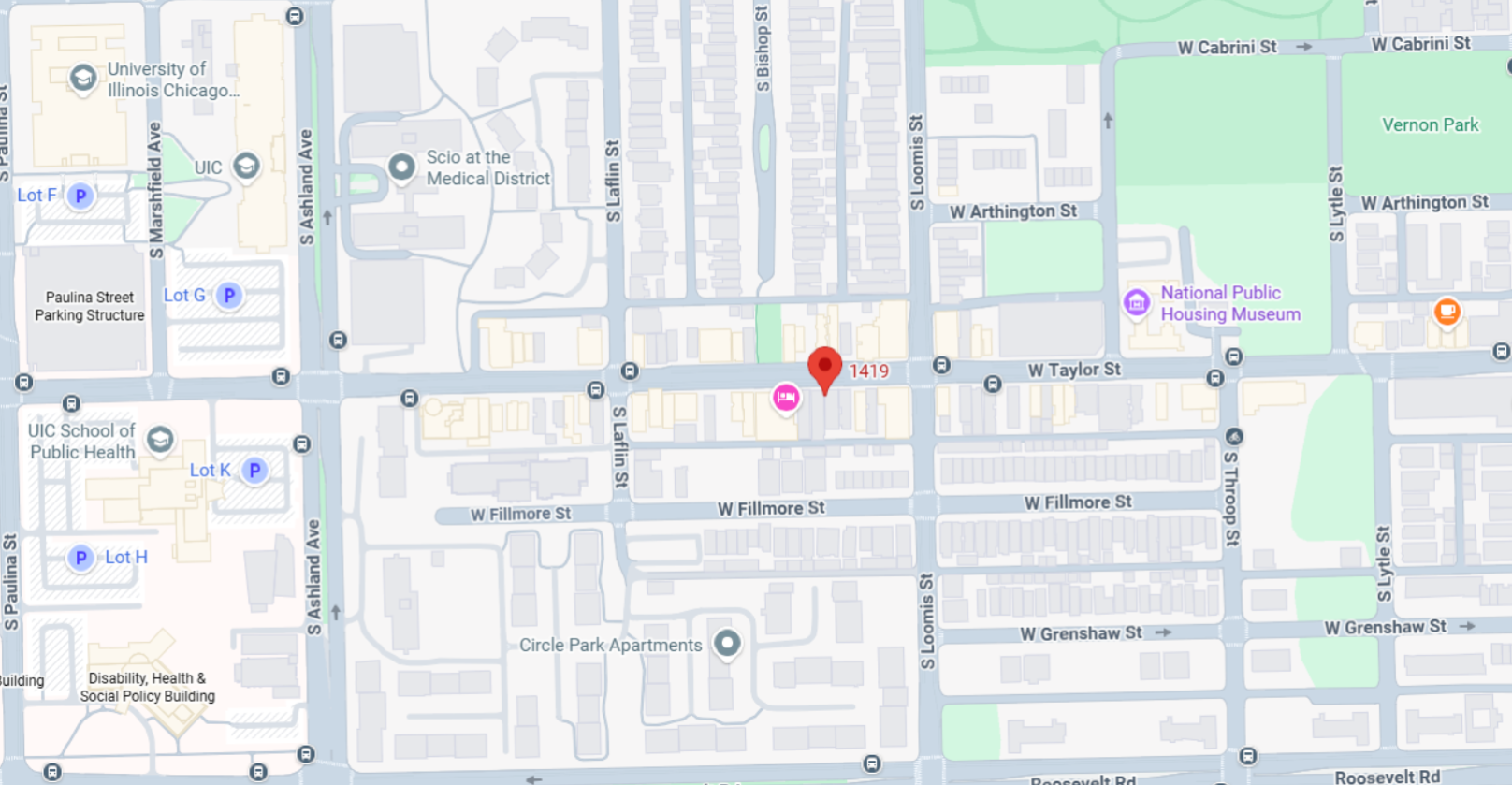 Map with red location pin on Taylor Street