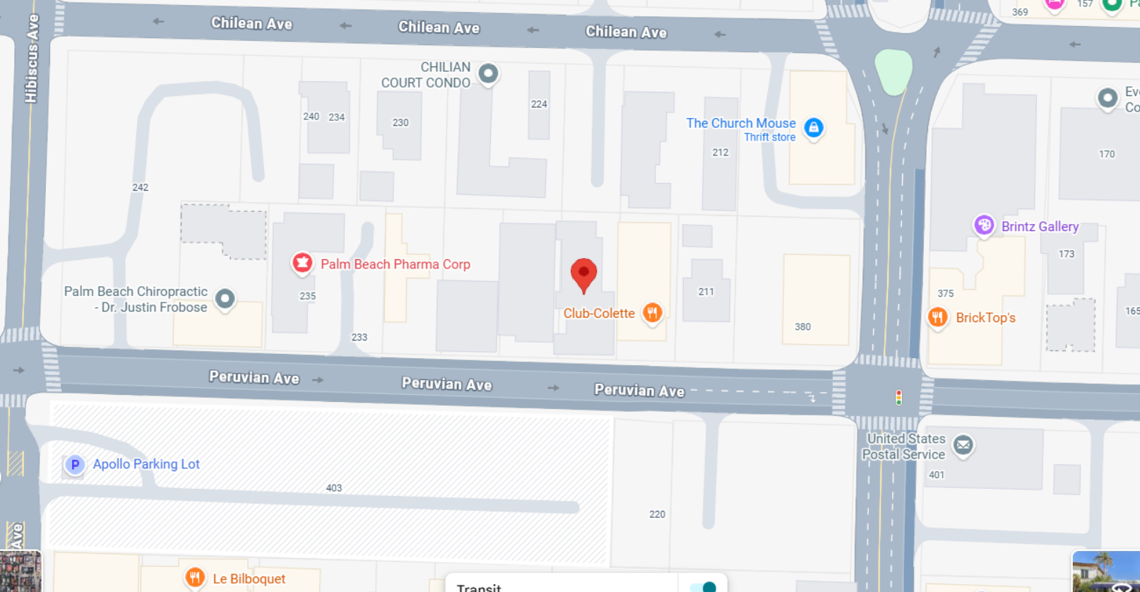 Map pinpointing Club Colette on Peruvian Avenue