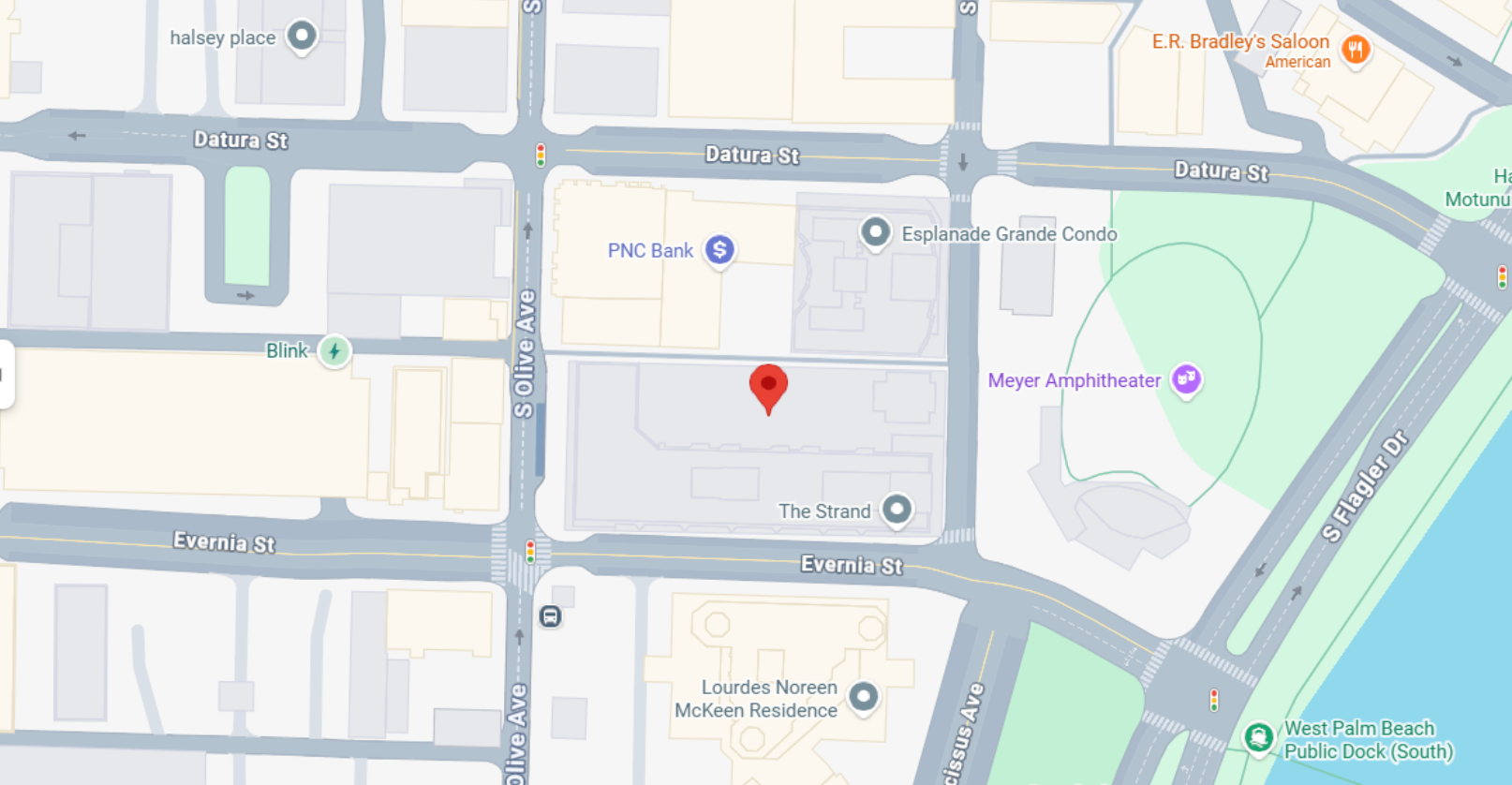 Map showing location pin near Meyer Amphitheater