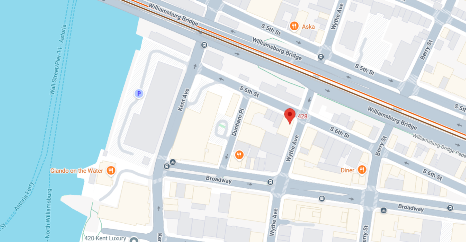 Williamsburg Brooklyn map with red location pin