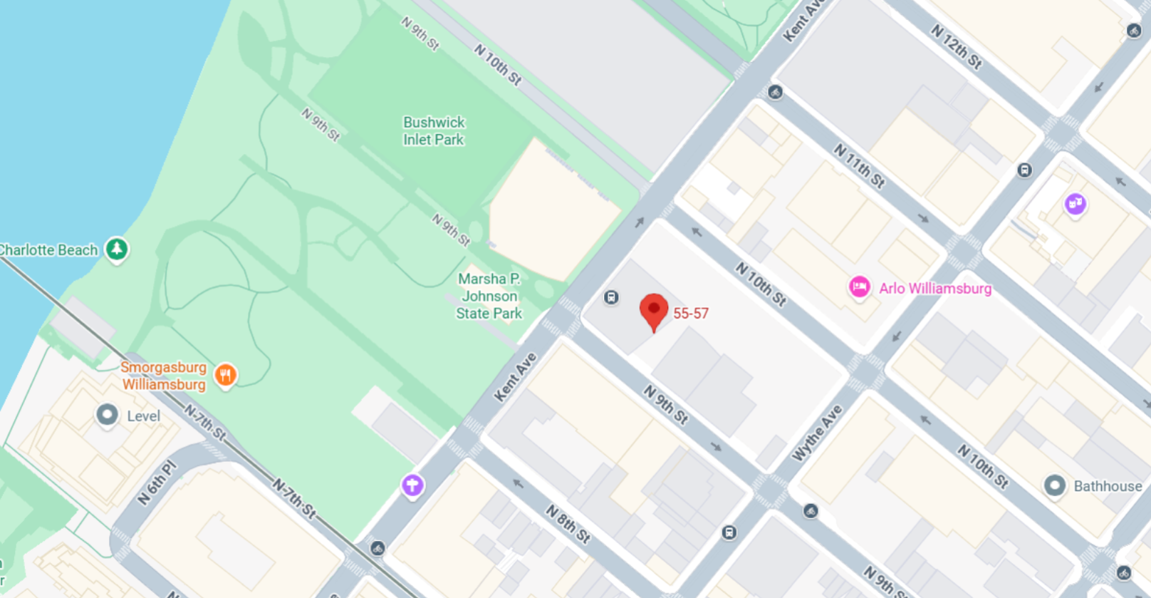 Map showing 55-57 pin near Bushwick Inlet Park